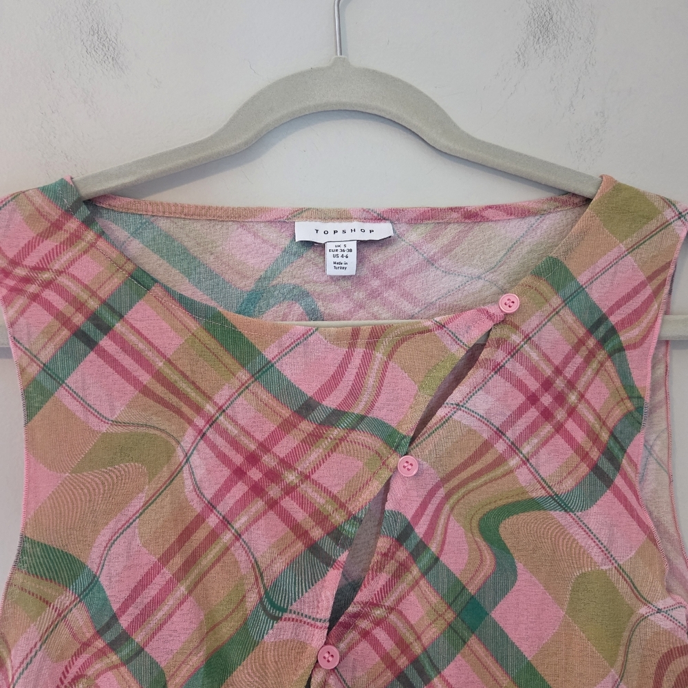 Topshop Plaid Asymmetric Tissue Mesh Sleeveless Blouse in Pink - Picture 2 of 8